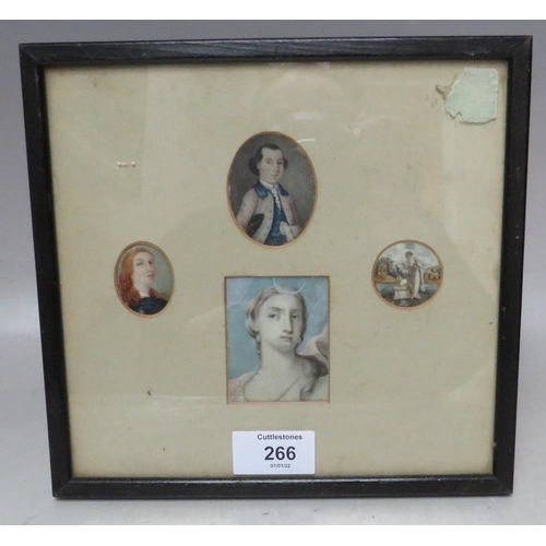 266 - (XIX). Four portrait miniatures on ivory in one frame, comprising a woman in c;classical dress in or... 