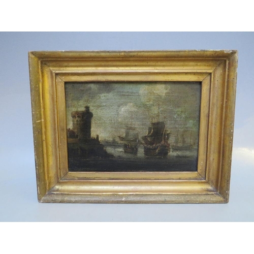 28 - (XIX). Continental school, a fortified harbour scene with sailing vessels and figures, unsigned, oil... 