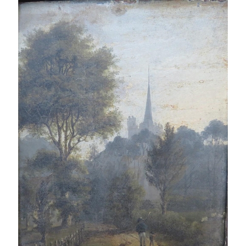 30 - R. LADBROOKE (XIX). A village wooded lane scene with figures and church spire in background, signed ... 