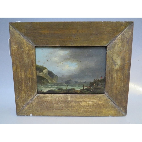 31 - (XIX). A stormy rocky coastal scene with figures and boats, unsigned, oil on panel, framed, 12 x 16 ... 