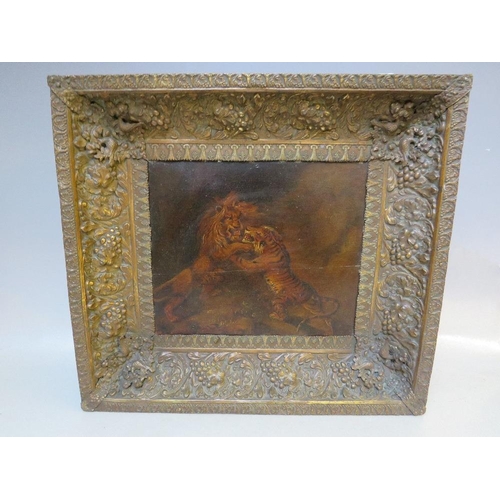 35 - (XVIII / XIX).  A study of a lion and tiger fighting, unsigned, oil on canvas laid on board, framed,... 