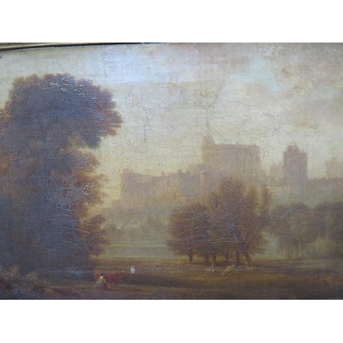 36 - (XIX). A study of tress and figures before a castle, unsigned, oil on canvas, framed, 19 x 29 cm