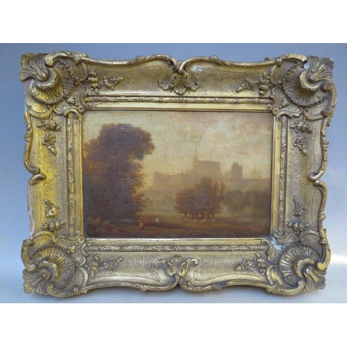 36 - (XIX). A study of tress and figures before a castle, unsigned, oil on canvas, framed, 19 x 29 cm