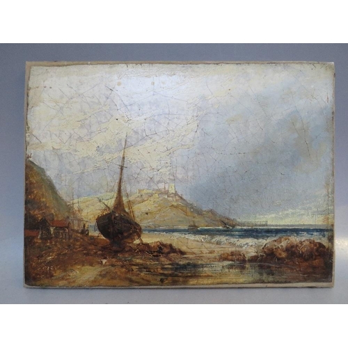 37 - (XIX).  A rocky shore scene with beached fishing boats and hill top buildings beyond, unsigned, oil ... 