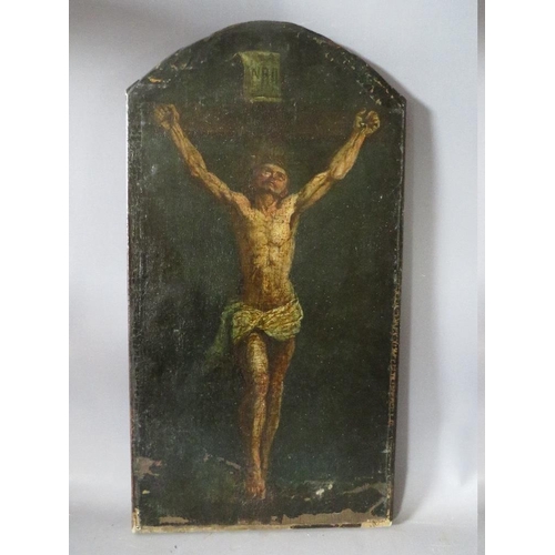 39 - (XVII-XVIII). Continental school, a crucifixion scene, unsigned, oil on canvas, unframed, 57 x 27 cm