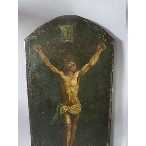 39 - (XVII-XVIII). Continental school, a crucifixion scene, unsigned, oil on canvas, unframed, 57 x 27 cm