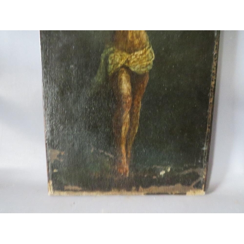 39 - (XVII-XVIII). Continental school, a crucifixion scene, unsigned, oil on canvas, unframed, 57 x 27 cm