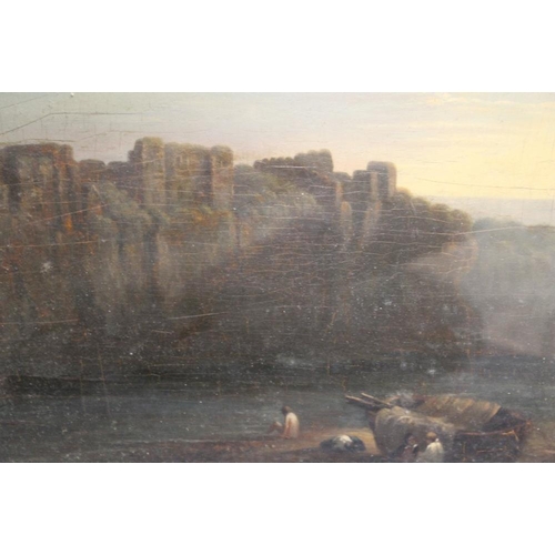 16 - ATTRIBUTED TO DAVID COX SENIOR (1783-1859). Chepstow Castle from the river with figures and cart in ... 