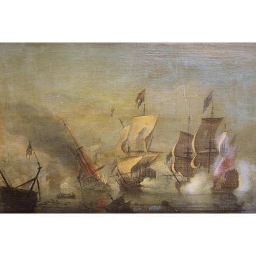 161 - (XVIII-XIX). A naval battle scene, unsigned, oil on canvas, framed, re-lined, 38 x 57 cm