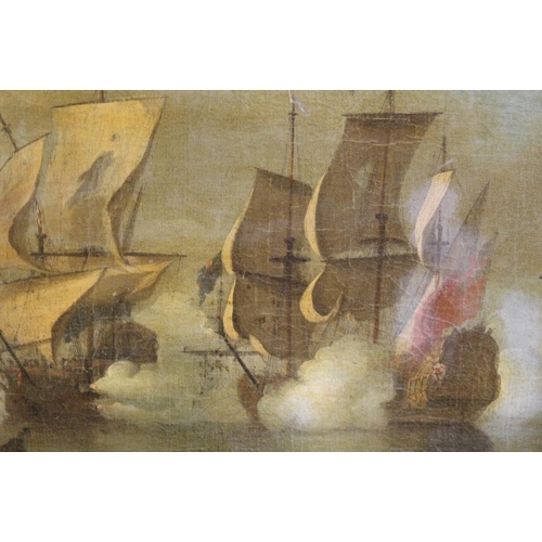 161 - (XVIII-XIX). A naval battle scene, unsigned, oil on canvas, framed, re-lined, 38 x 57 cm