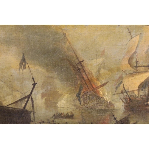 161 - (XVIII-XIX). A naval battle scene, unsigned, oil on canvas, framed, re-lined, 38 x 57 cm