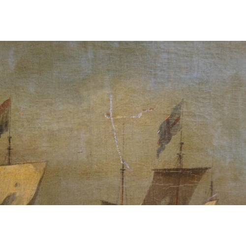 161 - (XVIII-XIX). A naval battle scene, unsigned, oil on canvas, framed, re-lined, 38 x 57 cm