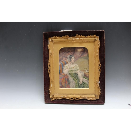 258 - (XIX). Study in ivory of an interior scene with seated elegant lady, unsigned, framed, 20 x 14.5 cm