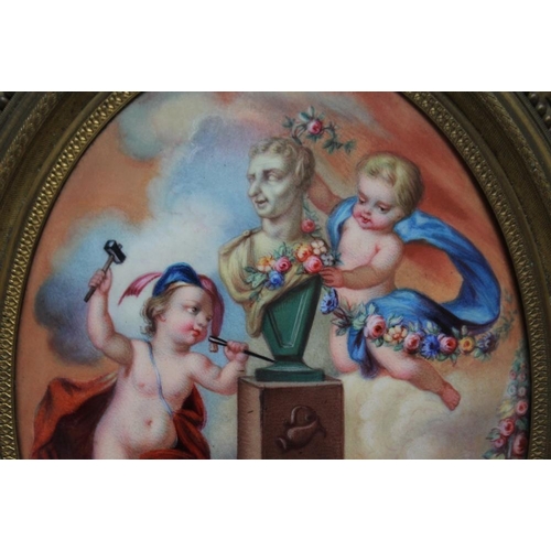 295 - J. PIATTI (XIX). Cherubs around a Roman bust, signed lower left and dated 1865, oval painted on enam... 