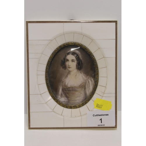 1 - A FRAMED AND GLAZED HAND PAINTED MINIATURE PORTRAIT STUDY OF A LADY MARKED 'HELENE SADLMAYR' 'N.J. S... 