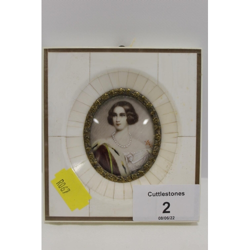 2 - A SMALLER FRAMED AND GLAZED HAND PAINTED MINIATURE PORTRAIT STUDY OF A LADY MARKED 'KONIG MUTTER MAR... 