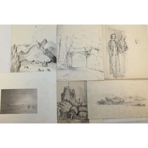 39 - A FOLDER OF UNFRAMED ANTIQUE AND VINTAGE PENCIL DRAWINGS AND WATERCOLOURS ETC. TO INCLUDE ANIMAL STU... 