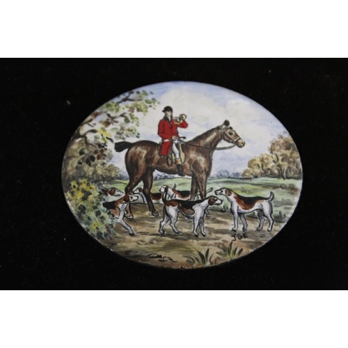 5 - A SET OF THREE HAND PAINTED ENAMEL MINIATURES DEPICTING HUNTSMEN INITIALLED WG 7.5CM X 6CM