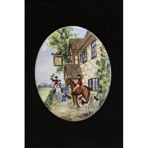 5 - A SET OF THREE HAND PAINTED ENAMEL MINIATURES DEPICTING HUNTSMEN INITIALLED WG 7.5CM X 6CM