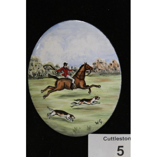 5 - A SET OF THREE HAND PAINTED ENAMEL MINIATURES DEPICTING HUNTSMEN INITIALLED WG 7.5CM X 6CM