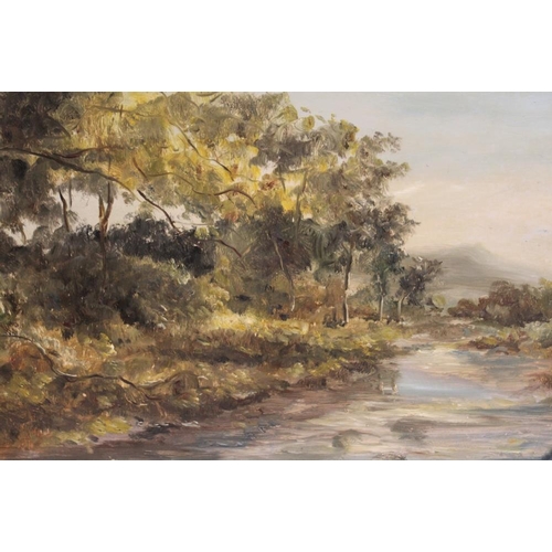 6 - A GILT FRAMED OIL ON BOARD OF A RURAL RIVER LANDSCAPE WITH COTTAGE 45CM X 106CM