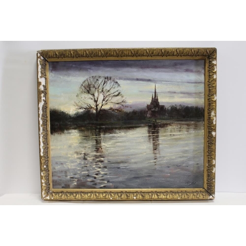 7 - A VINTAGE GILT FRAMED OIL ON CANVAS OF A RURAL RIVER LANDSCAPE WITH CHURCH INDISTINCTLY SIGNED LOWER... 