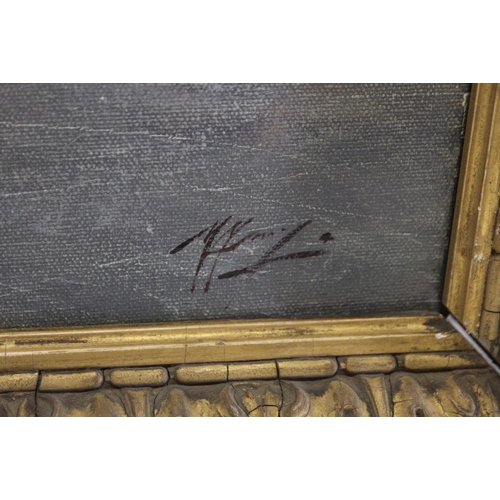 7 - A VINTAGE GILT FRAMED OIL ON CANVAS OF A RURAL RIVER LANDSCAPE WITH CHURCH INDISTINCTLY SIGNED LOWER... 