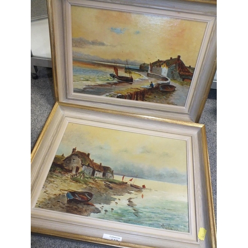 119 - A PAIR OF FRAMED OILS ON BOARD OF BEACH / HARBOUR SCENES SIGNED G. THURSTONSEE LOWER RIGHT, 24 X 34 ... 