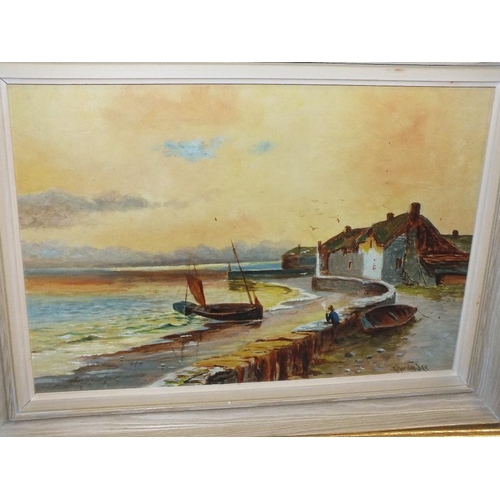 119 - A PAIR OF FRAMED OILS ON BOARD OF BEACH / HARBOUR SCENES SIGNED G. THURSTONSEE LOWER RIGHT, 24 X 34 ... 
