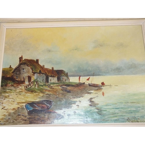 119 - A PAIR OF FRAMED OILS ON BOARD OF BEACH / HARBOUR SCENES SIGNED G. THURSTONSEE LOWER RIGHT, 24 X 34 ... 