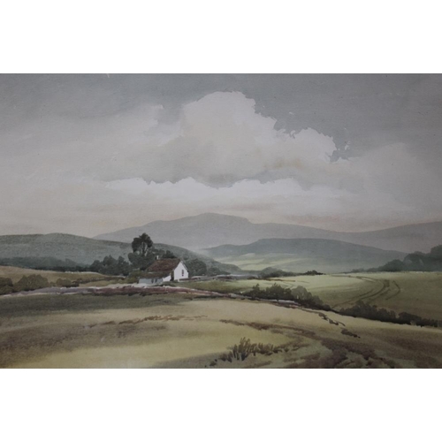 103 - KEITH BURTONSHAW (B. 2930).  A moorland landscape with cottage and hills beyond. Signed lower left, ... 