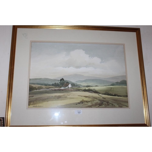 103 - KEITH BURTONSHAW (B. 2930).  A moorland landscape with cottage and hills beyond. Signed lower left, ... 