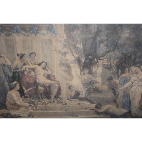 112 - A GILT FRAMED AND GLAZED HAND COLOURED ENGRAVING OF NUMEROUS FIGURES IN CLASSICAL DRESS 48CM X 76CM