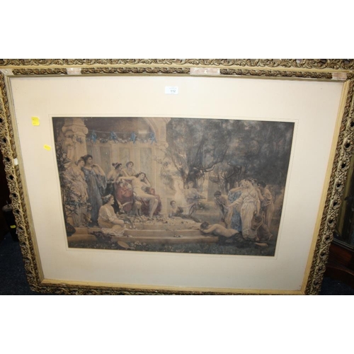 112 - A GILT FRAMED AND GLAZED HAND COLOURED ENGRAVING OF NUMEROUS FIGURES IN CLASSICAL DRESS 48CM X 76CM