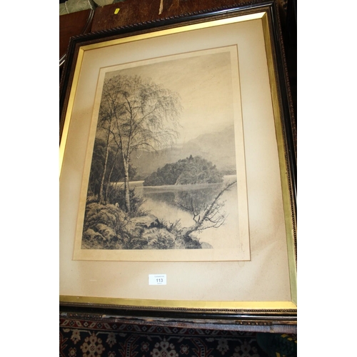 113 - D LAW - A LAKELAND SCENE ETCHING WITH FIGURE SIGNED IN PLATE 54CM X 37CM