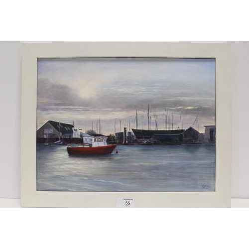 55 - A FRAMED OIL ON CANVAS ENTITLED HARBOUR AT DAWN BY GWENDOLINE SPENCER MONOGRAMMED LOWER RIGHT 29CM X... 