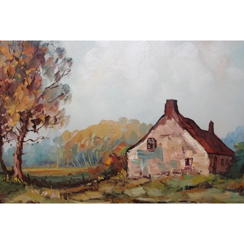 61 - A FRAMED IMPRESSIONIST OIL ON CANVAS DEPICTING A COUNTRY COTTAGE SIGNED H BRENT LOWER RIGHT 39CM X 4... 