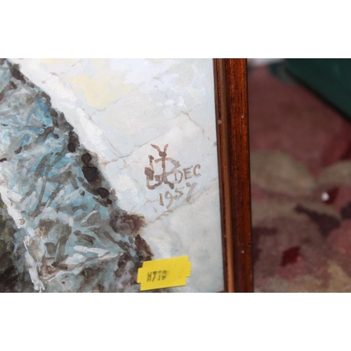 63 - A FRAMED AND GLAZED OIL PAINTING OF A VILLAGE STREET SCENE MONOGRAMMED LOWER RIGHT 38.5CM X 26CM