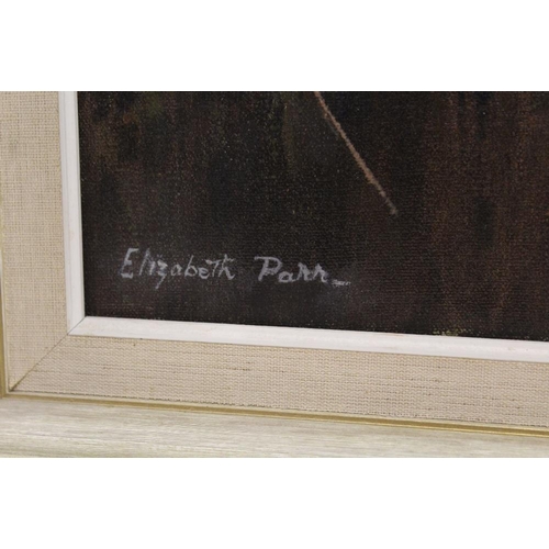 64 - A FRAMED OIL ON CANVAS DEPICTING A HARBOUR SCENE WITH MOORED BOATS AND FIGURES SIGNED ELIZABETH PARR... 