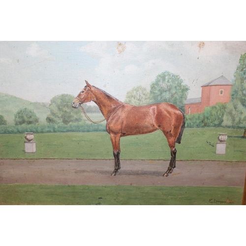 67 - A GILT FRAMED OIL ON CANVAS OF A HORSE IN A COUNTRY GARDEN SIGNED E. LONGUEVILLE LOWER RIGHT 30CM X ... 