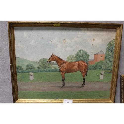 67 - A GILT FRAMED OIL ON CANVAS OF A HORSE IN A COUNTRY GARDEN SIGNED E. LONGUEVILLE LOWER RIGHT 30CM X ... 