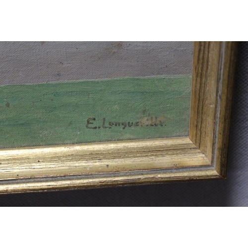 67 - A GILT FRAMED OIL ON CANVAS OF A HORSE IN A COUNTRY GARDEN SIGNED E. LONGUEVILLE LOWER RIGHT 30CM X ... 