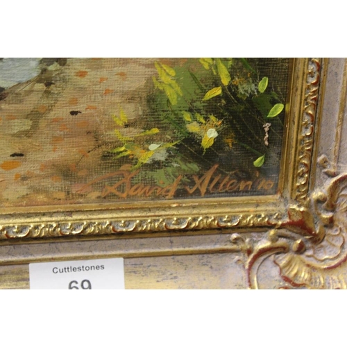69 - A GILT FRAMED OIL ON BOARD ENTITLED PORLOCK BAY BY DAVID ALLEN SIGNED LOWER RIGHT AND ENTITLED VERSO... 
