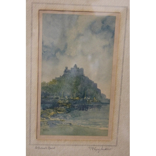 72 - A VINTAGE WALL MIRROR FLANKED BY PRINTS OVERALL SIZE -43CM X 83CM