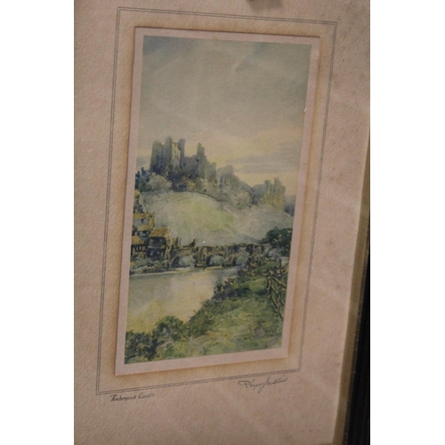 72 - A VINTAGE WALL MIRROR FLANKED BY PRINTS OVERALL SIZE -43CM X 83CM