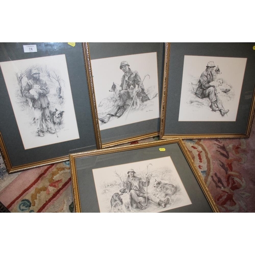 74 - FOUR JOHN EDWARDS PRINTS OF RURAL COUNTRY LIFE - MEN WITH DOGS