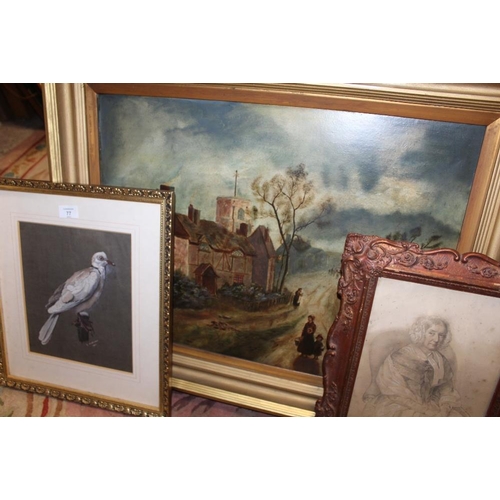 77 - A GILT FRAMED OIL ON BOARD OF A STREET SCENE WITH FIGURES, TOGETHER WITH A FRAMED AND GLAZED OIL OF ... 