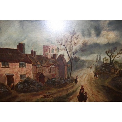 77 - A GILT FRAMED OIL ON BOARD OF A STREET SCENE WITH FIGURES, TOGETHER WITH A FRAMED AND GLAZED OIL OF ... 