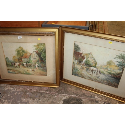 84 - A PAIR OF GILT FRAMED AND GLAZED WATERCOLOURS OF COUNTRY SCENES WITH CATTLE AND HORSES SIGNED STANTO... 