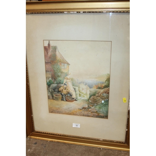 85 - A PAIR OF FRAMED AND GLAZED WATERCOLOURS ONE OF FIGURES FEEDING RABBITS, THE OTHER OF A BASKET WEAVE... 